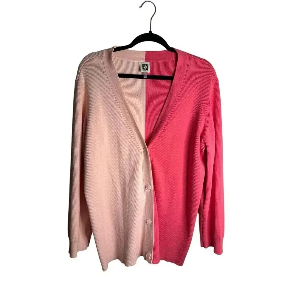Anne Klein Women's Plus 3X Colorblock Pink Ribbed Cardigan Sweater Cotton Blend